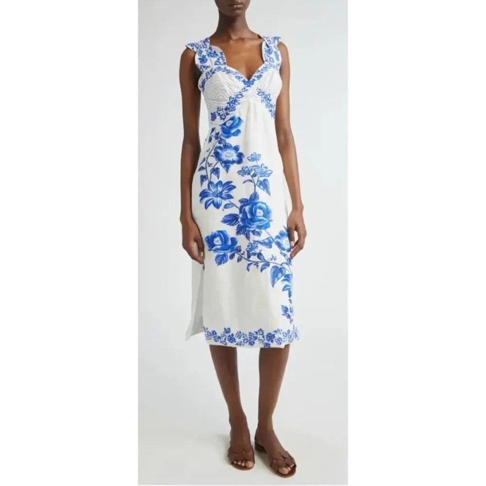 FARM Rio Floral Cascade Wavy Linen Sleeveless Midi Dress Size XXS